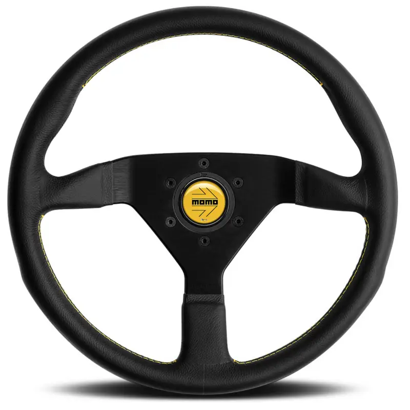 Volant Momo Montecarlo Tulipé (40 mm), Cuir Noir, Coutures Jaunes - 35 cm Prix Réduit